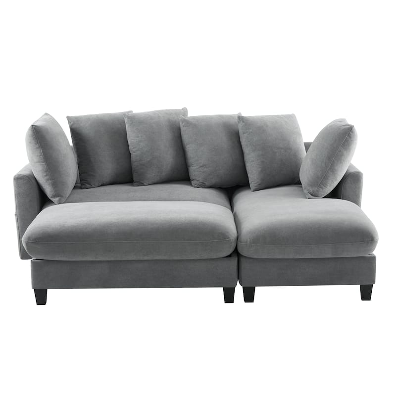 83 Inch L Shaped Sectional Sofa with Ottoman and 6 Throw Pillows, Modern Chenille Upholstered Sofa Couch with Storage Seating - Grey