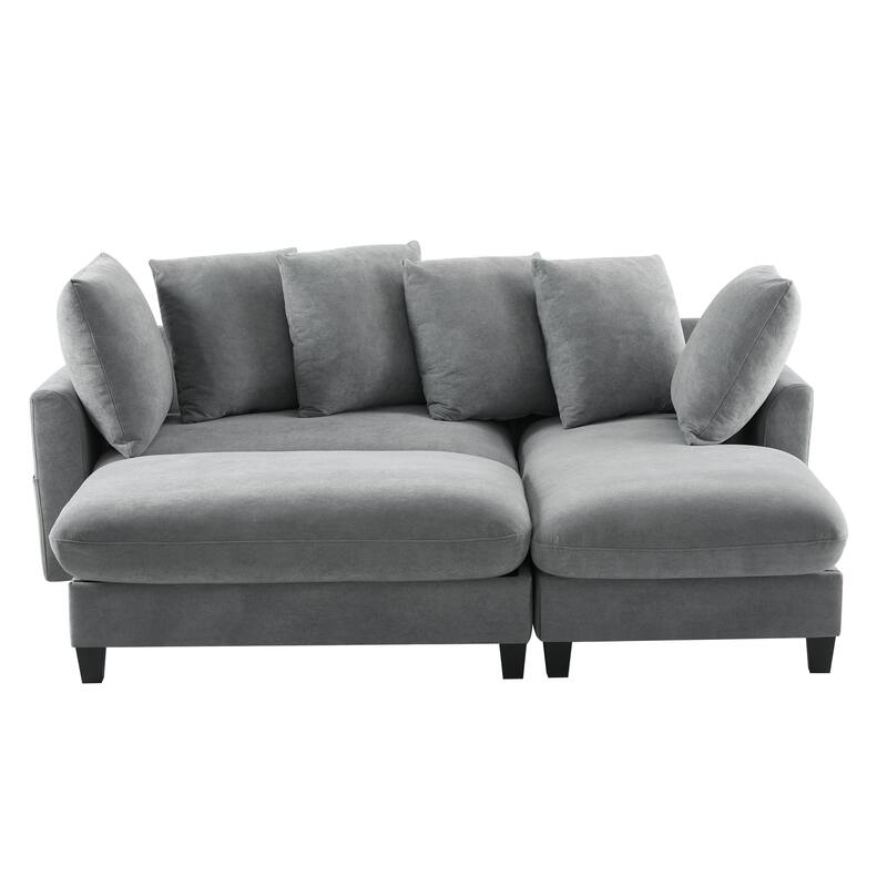 Chenille Sectional Sofa L-shaped Sofa with Movable Ottoman, Upholstered Sectional Sofa with 6 Throw Pillows, Bottom storage