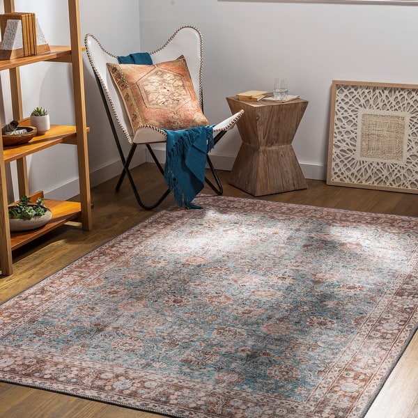 slide 2 of 10, Livabliss Sanjay Persian Floral Printed Machine Washable Area Rug Aqua/Brown - 9'3" x 12'