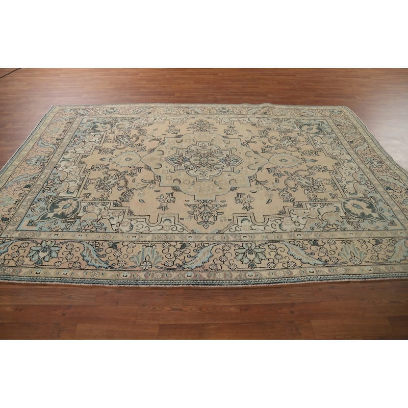 Peach Tabriz Vintage Persian Area Rug Hand-Knotted Wool Carpet - 6'8" x 9'8"