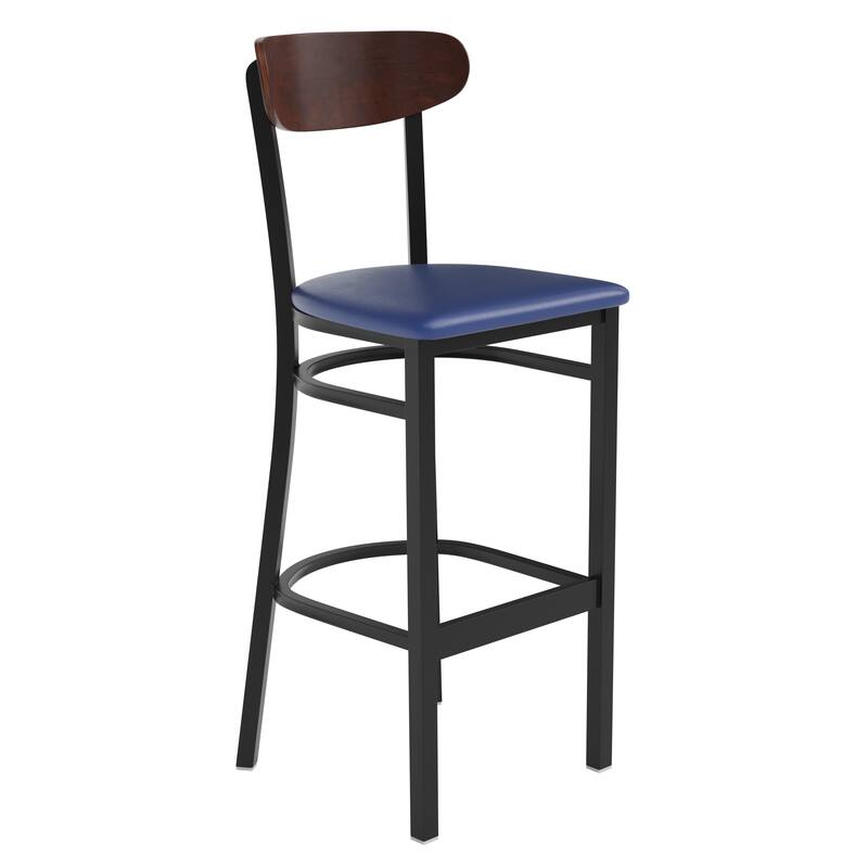 Commercial Metal Barstool with Wood Seat and Boomerang Back