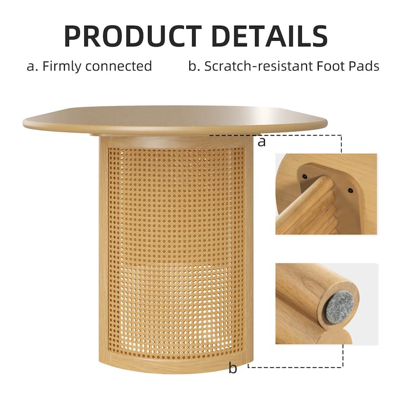 Oval Dining Table with Arc-Shaped Edge Top and Rattan Woven Base Modern Farmhouse Kitchen Table for Living Room Dining Room