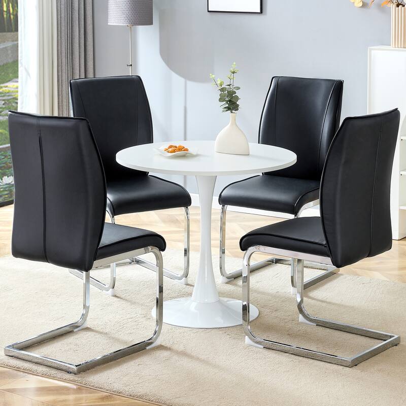 5-Piece Circular Dining Table Set with Black Leather Ergonomic Chairs - Black Silver White