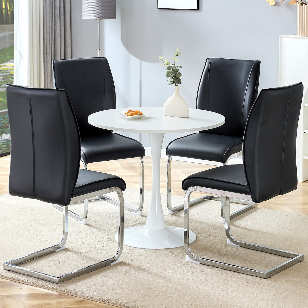 5-Piece Circular Dining Table Set with Black Leather Ergonomic Chairs