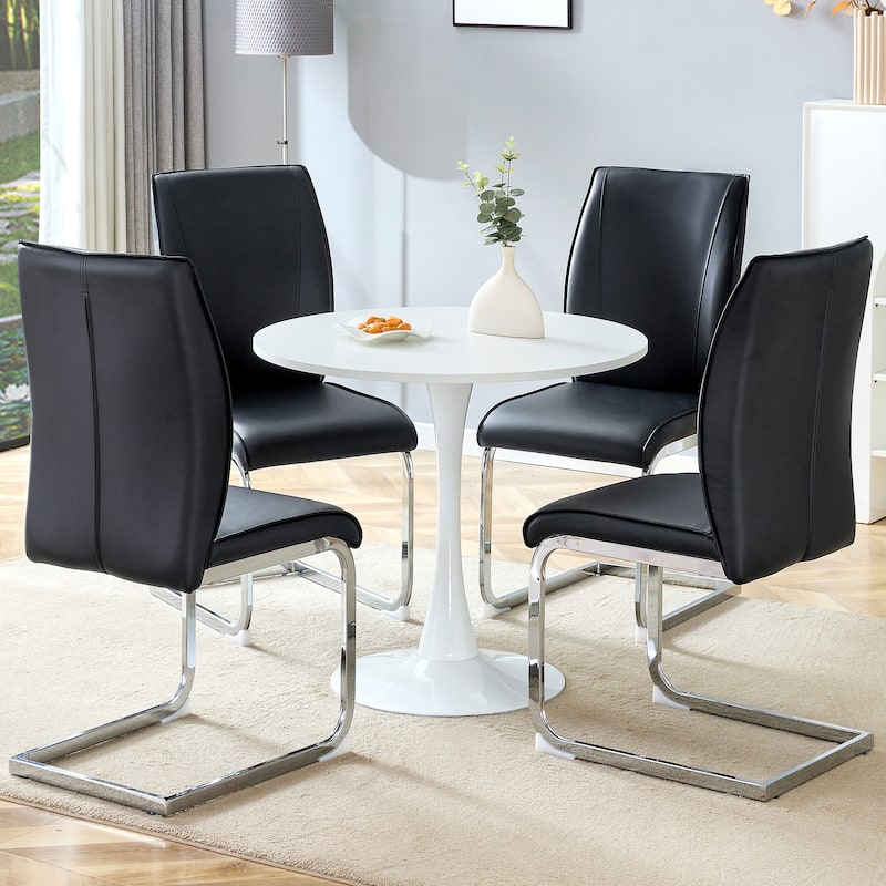 Roomfitters 5pcs Small Round Dining Table Set with PU Upholstered Chairs and Arched Silver Metal Legs