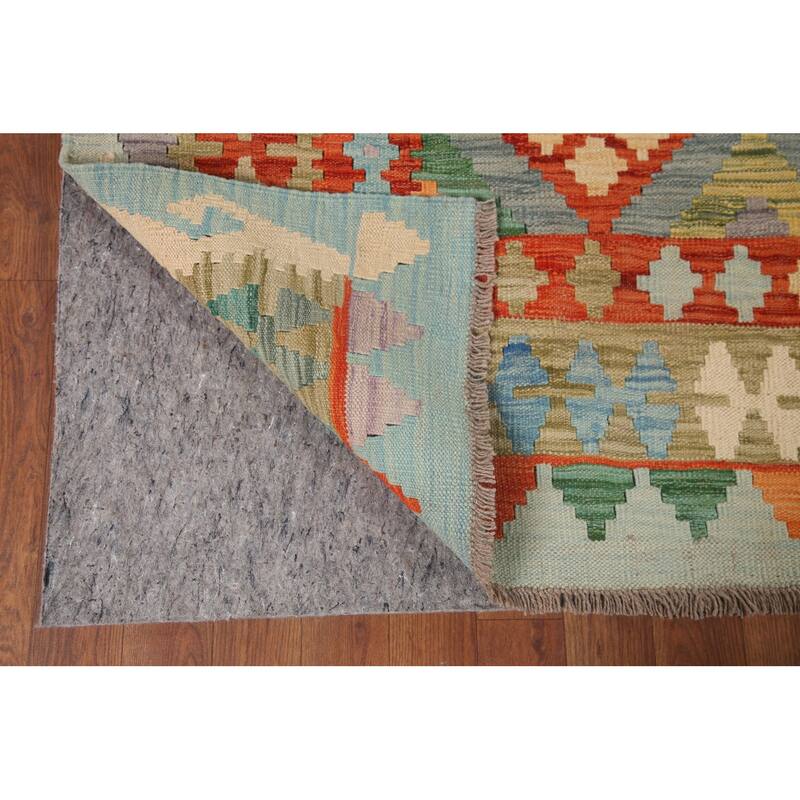 Hand Woven Oriental 100% Wool Carpet Southwestern Geometric Green Kilim Area Rug - 9' 8'' X 6' 8''