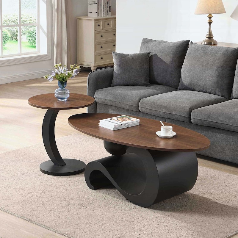 Modern Nesting Coffee Table Set of 2,Elegant Oval and Round Design for Living Room - Black+Brown