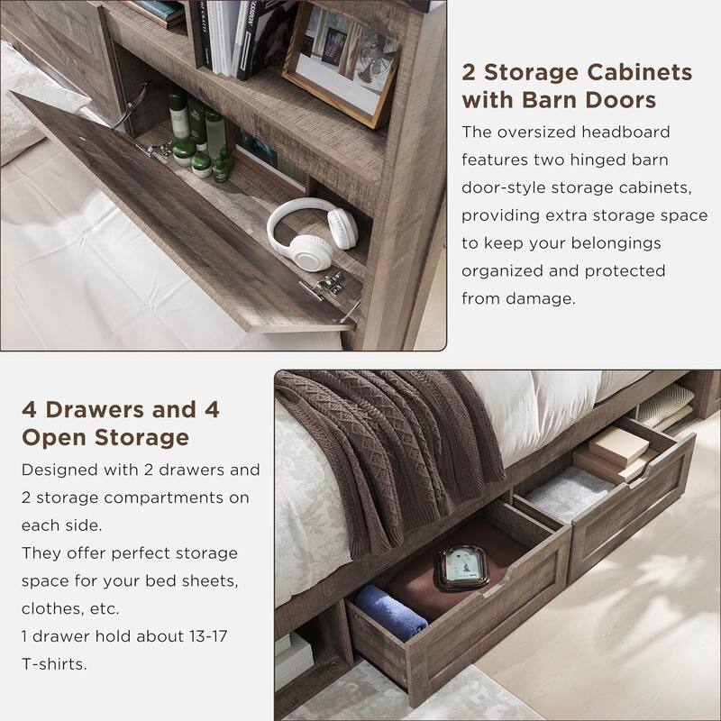 Farmhouse Queen Size Wood Bed Frame with Storage Headboard and Drawers