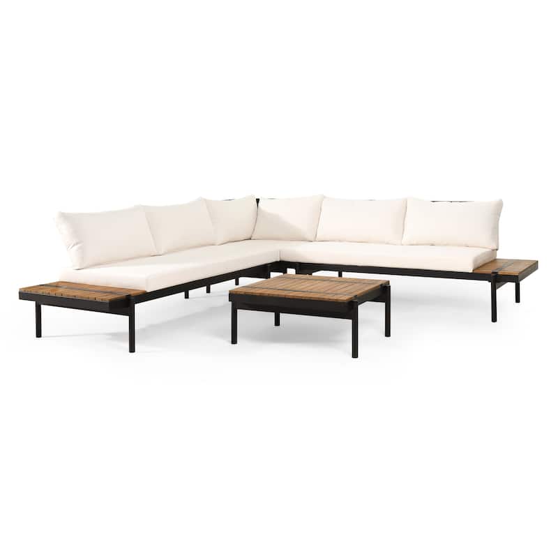 The Outdoor Acacia 5-seat Sectional Sofa Set w/ Water-resistant Cushions by Christopher Knight Home - Teak + Black + Cream