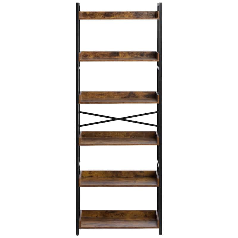 6-Tier Rustic Bookshelf with Black Metal Frame and Open Storage Space Perfect for Any Room - 25.59" x 11.81" x 69.29" - Black-Brown