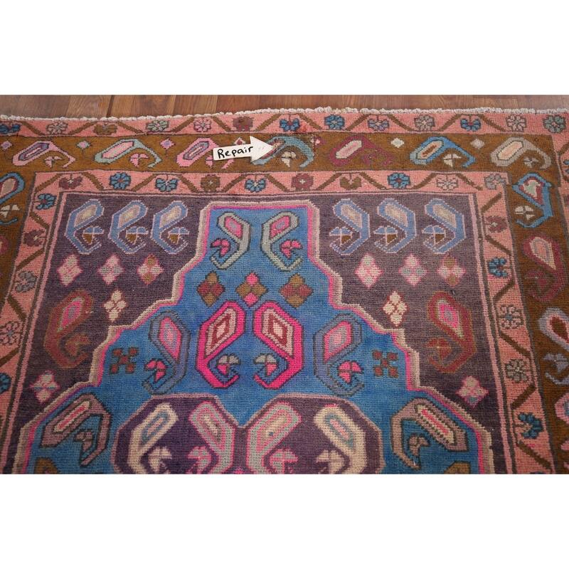Geometric Meshkin Persian Vintage Runner Rug Hand-Knotted Wool Carpet - 3'9" x 10'6"