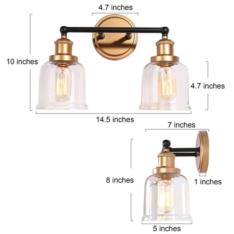 Mid-century Modern Black Gold Wall Sconces with Clear Bell Glass for Bathroom Vanity - L 15" x W 7" x H 10"