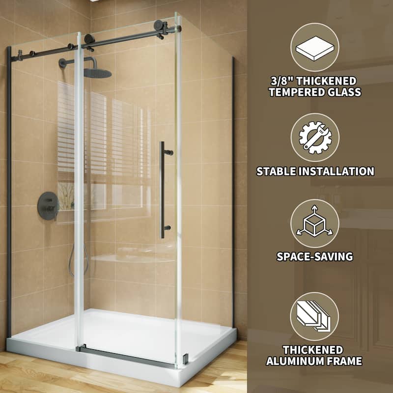 Modland 44-48" x 72'' Semi-Frameless Sliding Shower Enclosure - 3/8" SGCC Glass, Matte Black/Brushed Nickel