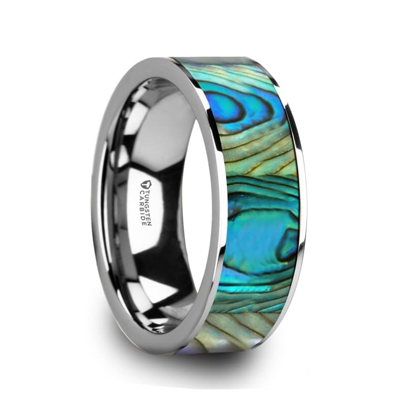 Thorsten Maui Ring Tungsten Carbide with Mother of Pearl Inlay 10mm Wide Wedding Band from Roy Rose Jewelry
