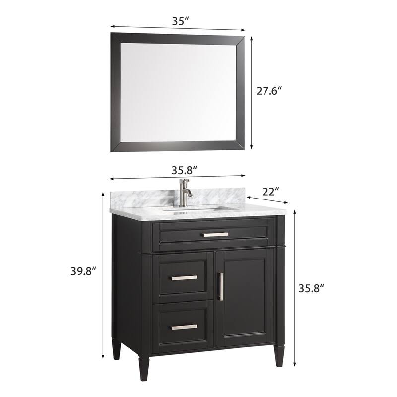 Vanity Art 36-Inch Single Sink Bathroom Vanity Set Carrara Marble Stone Top 3 Drawers 1 Shelf Undermount Sink with Free Mirror