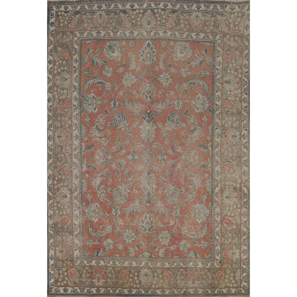 Floral Tabriz Persian Vintage Area Rug Handmade Orange Wool Carpet - 6'5" x 9'9"