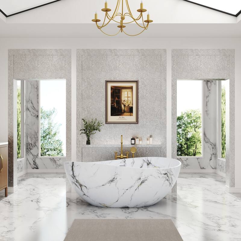 63 in. x 37 in. Solid Surface Freestanding Soaking Bathtub in Matte White with Italian Snowflake Marble Pattern, Center Drain