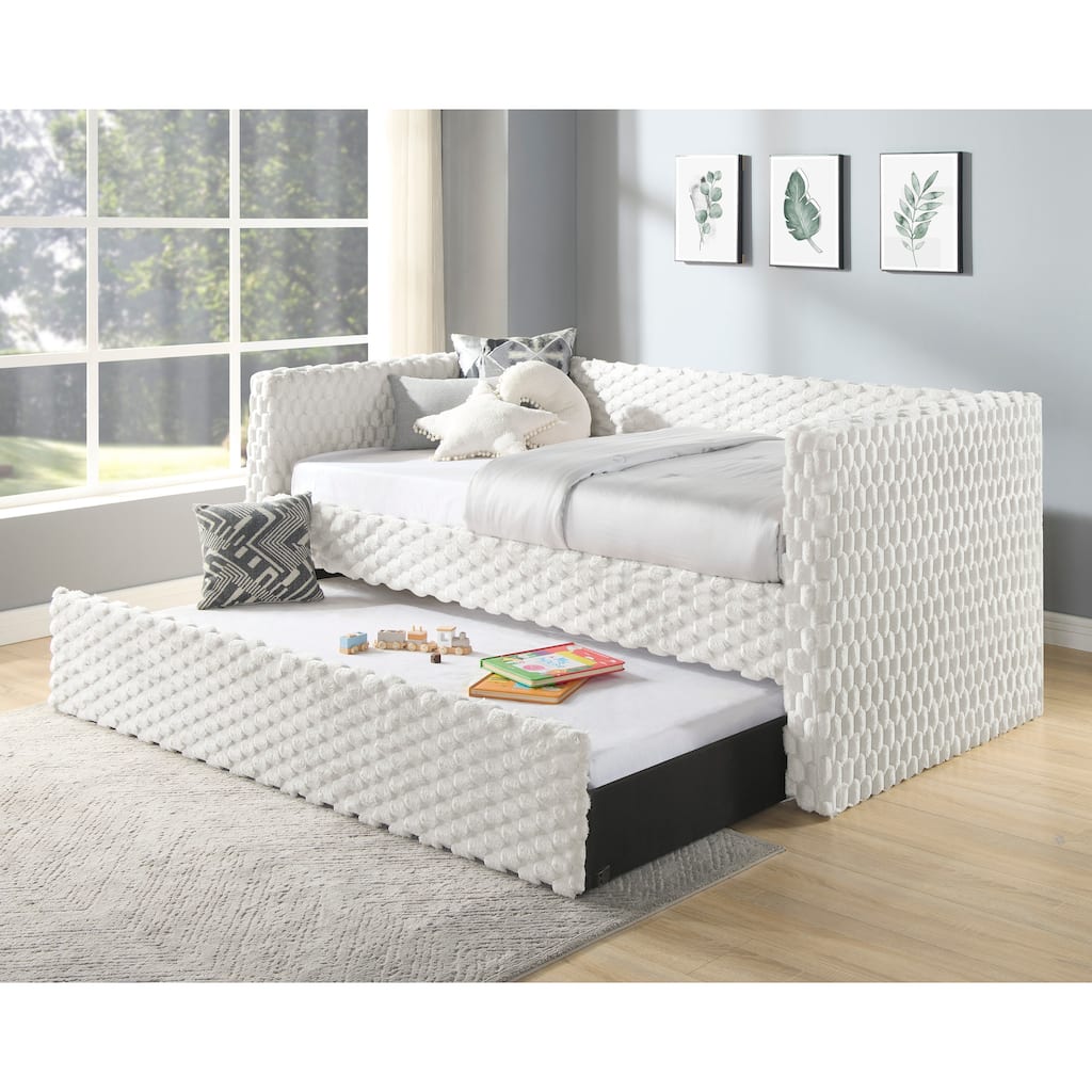Beautiful 1pc Modern Daybed Armrest Pull Out Trundle Bedroom Living Room Furniture White Dove Textured Finish Furniture