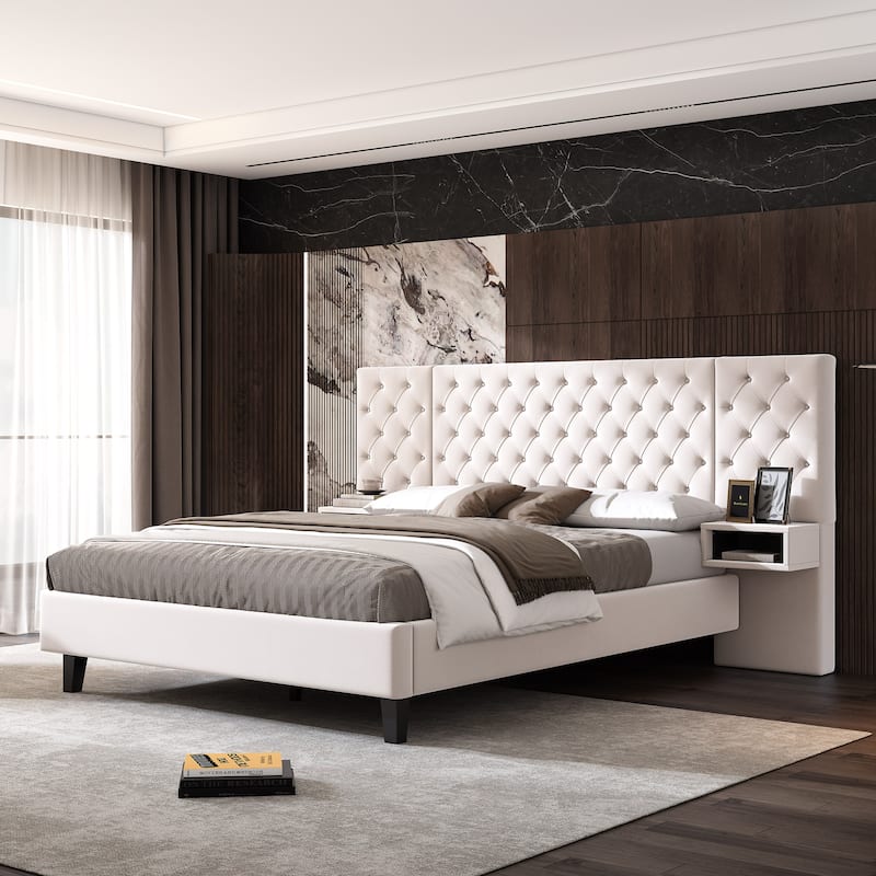 Low-Profile Platform Bed, Modern Velvet Upholstered Bed, Diamond Tufted Headboard Wingback Bed with 2 Nightstands Storage Bed