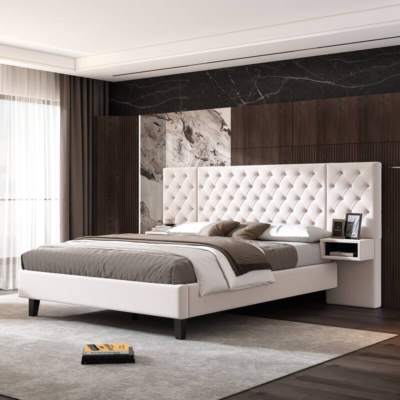 Modern Velvet Upholstered Platform Bed with 2 Nightstands Storage Bed, Diamond Tufted Wingback Bed, Low Profile Panel Bed