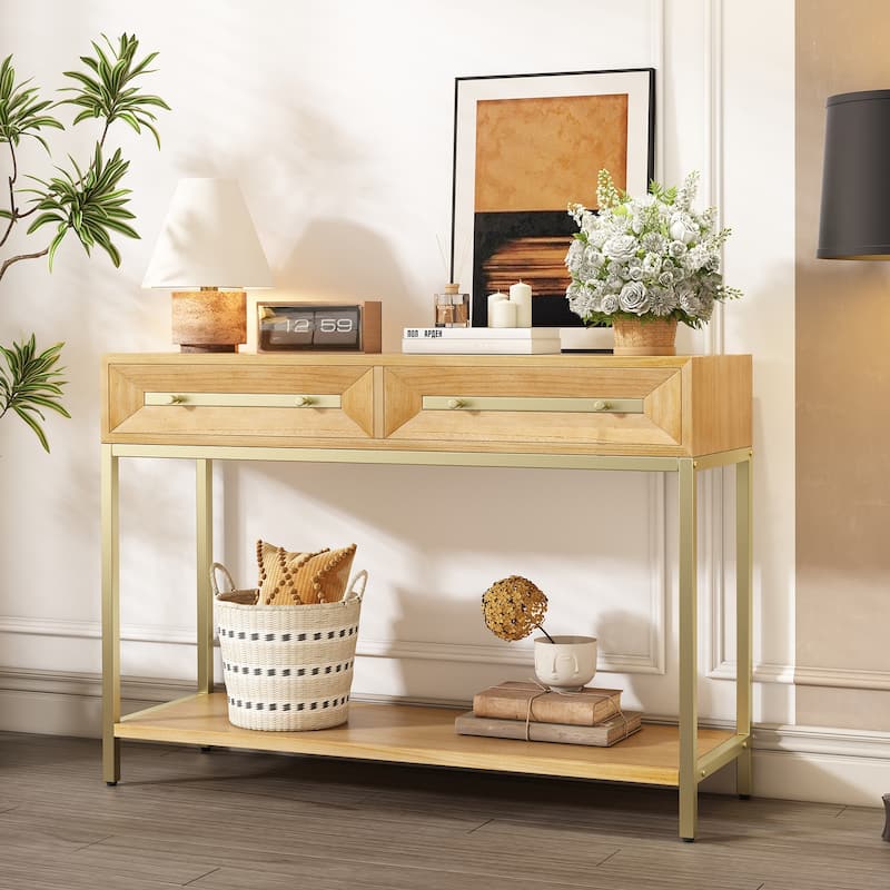 Retro Console Table Hallway Table with 2 Geometric Bevel Drawers, for Entryway and Living Room, Natural