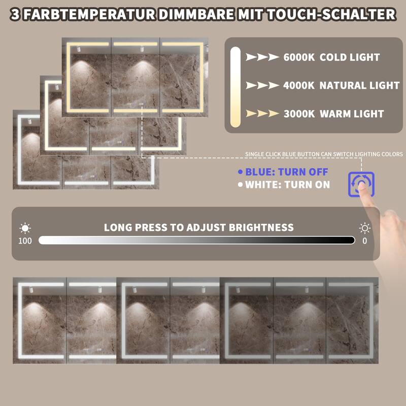 36'' H Recessed or Surface Mounted Bathroom LED Mirror Cabinet With Defogger, Dimmer, 10x magnifying