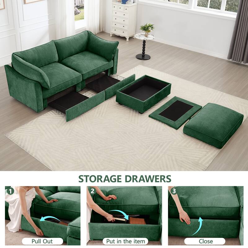 GDFStudio - Chenille 2-Seater 78.7" Sofa with Movable Ottoman and Storage Drawers