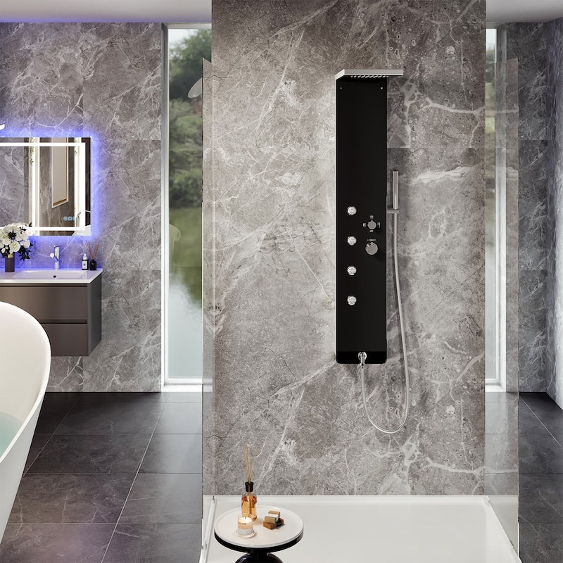Eviva Velino Black Tempered Glass Thermostatic Shower Massage Panel