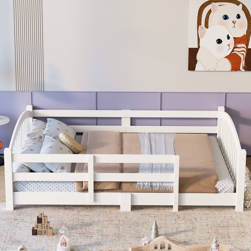 Montessori Floor Bed with Fence - Full/Twin Solid Wood, Slats & Safety Guardrails, Easy Assemble - White - Full