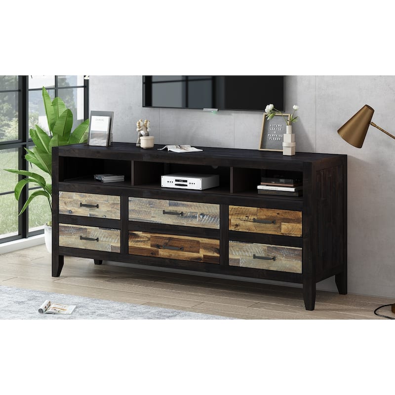 63.8" Retro Distressed TV Stand with 6 Drawers and 3 Shelves for TVs Up to 65"