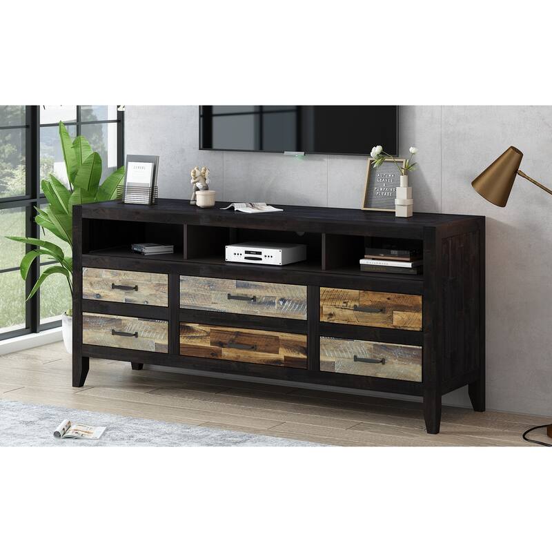 64" Distressed Wood TV Stand, 6 Drawer Storage & 3 Shelves, Cable Management - Farmhouse Style