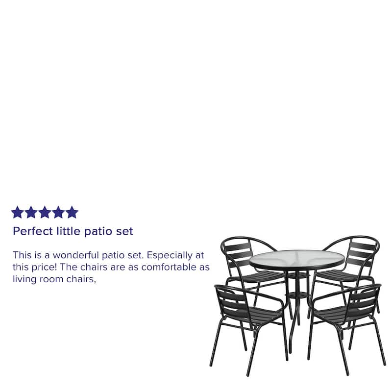 31.5" Round Glass Metal Table with 4 Metal Aluminum Slat Stack Chairs