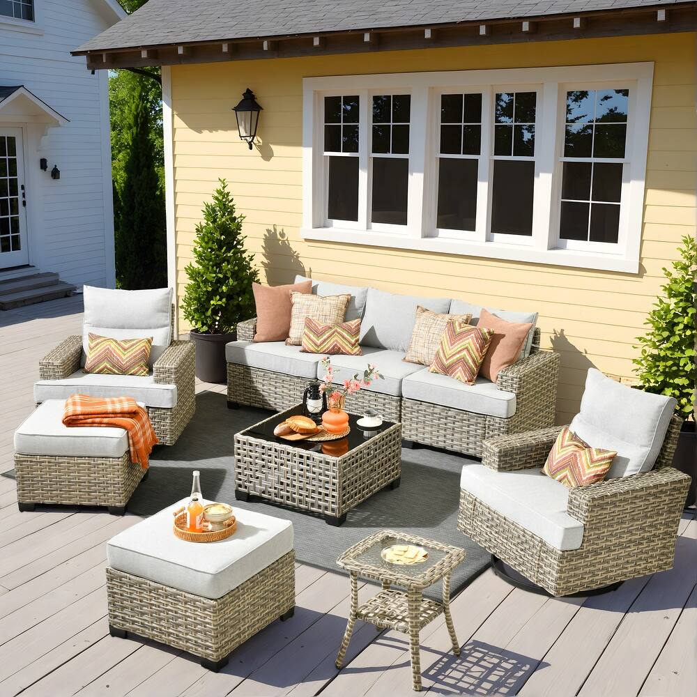 OVIOS 9 Pieces T shaped Swivel Chair Set With Solar-Powered Coffee Table