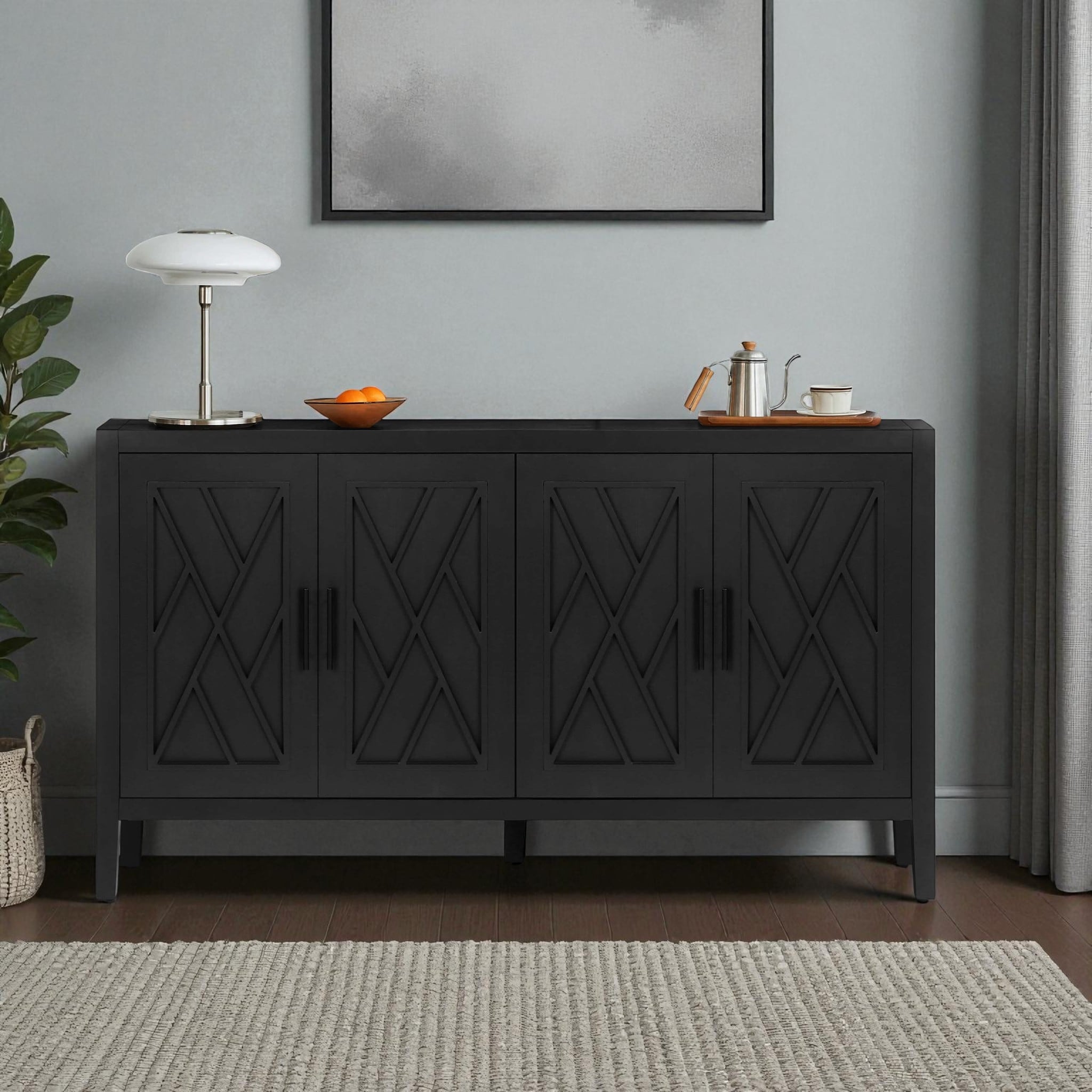 60" Modern Farmhouse 4-Door Sideboard Buffet Cabinet, Wood Accent Storage Console Table with Adjustable Shelf for Dining Room