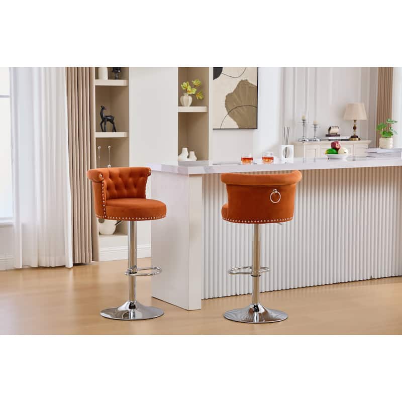 Velvet Upholstered Bar Stool Set of 2, Adjusatble Height Swivel Bar Stools, Dining Chairs with Curved Backrest & Footrest