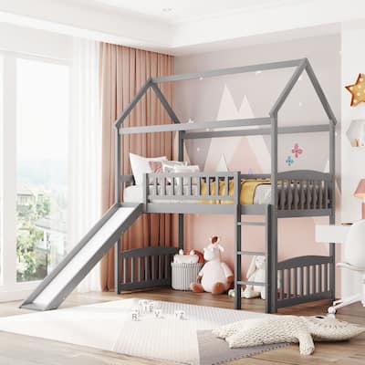 Twin Loft Bed with Slide, House Bed with Slide,Gray