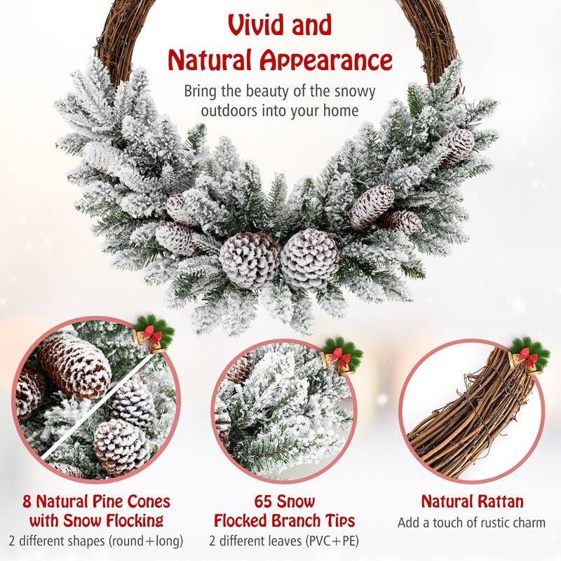 Gymax 2PCS 24'' Christmas Wreath w/65 Branch Tips 8 Natural Pine Cones