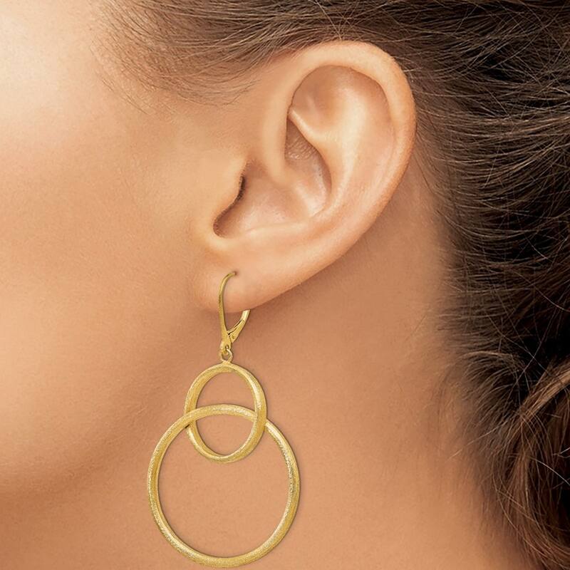 Curata 14k Yellow Gold 59x31mm Scratch Finish Round Dangle Leverback Earrings
