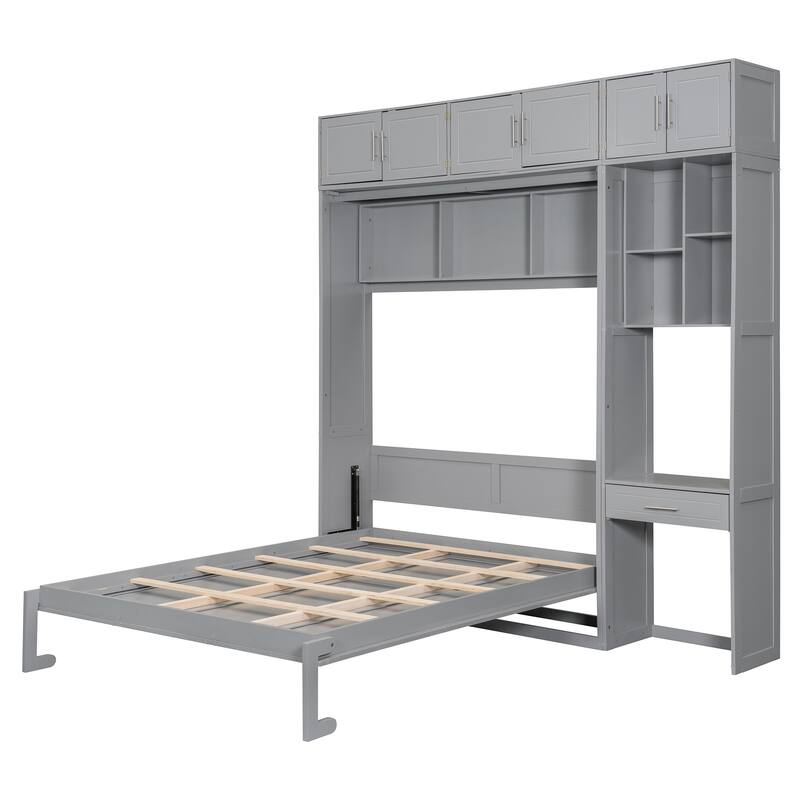 Queen Size Solid Wood Murphy Bed with Built-In Desk, Cabinets & Shelves, Foldable Wall Bed, Multifunctional Storage