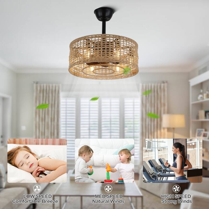 Bella Depot 18" Rustic Ceiling Fan, Rope Woven Caged Ceiling Fan with Light and Remote for Dining Room Bedroom - 18 Inches