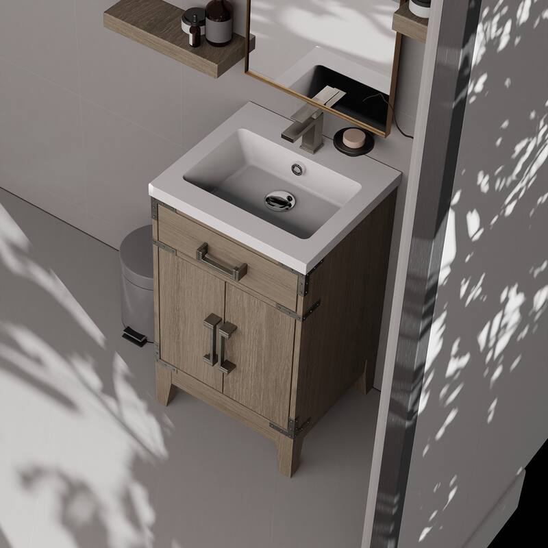 20 in. Black Oak Vanity with Acrylic Countertop, 18 in. Mirror, and Chrome Gooseneck Faucet Set - Compact Bathroom Sink