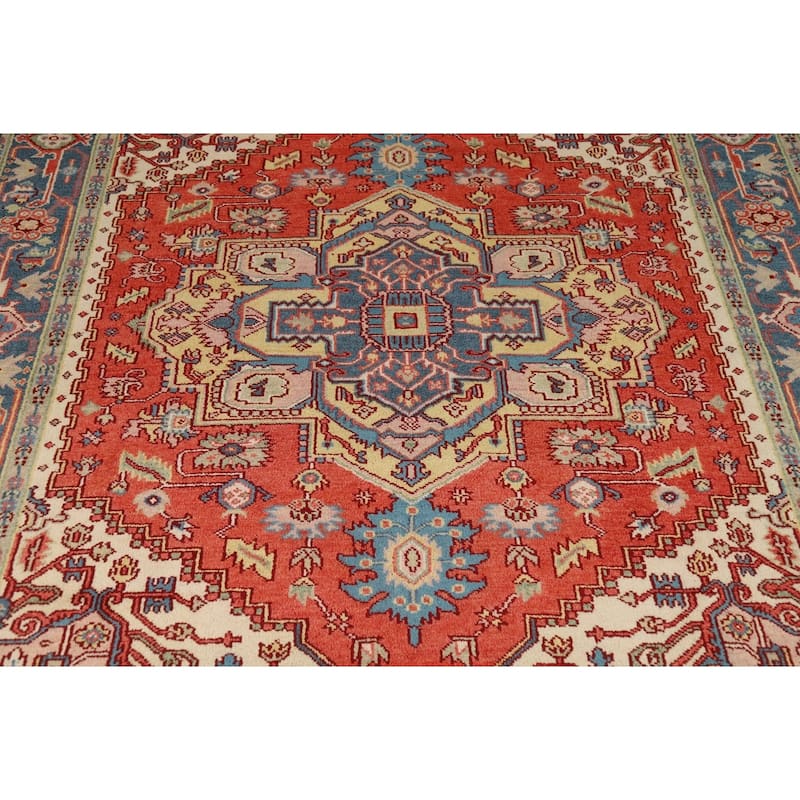 Geometric Heriz Serapi Indian Rug Hand-Knotted Orange Wool Carpet - 7'10"x 9'9"