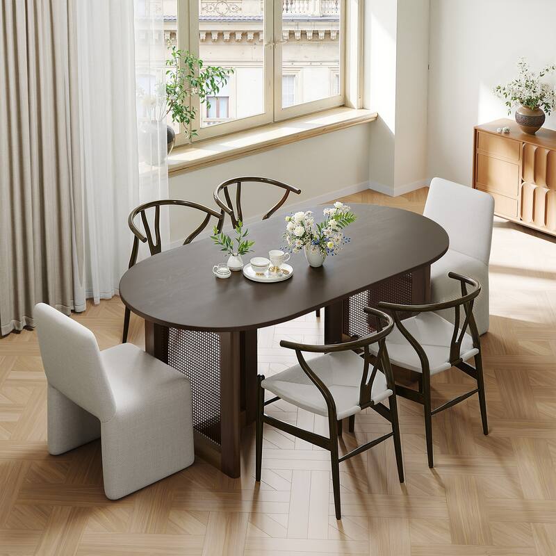 67" Dovelina Oval Dining Table with Rattan Double Pedestal for 6 People
