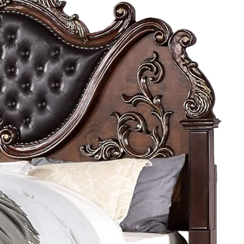 Prio Queen Bed with Carved Details, Brown Button Tufted Faux Leather