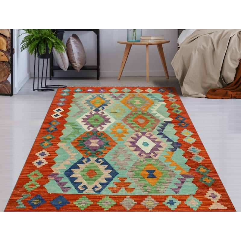 Flatweave Rihab Green/Red Rug - 3'5" x 4'7"