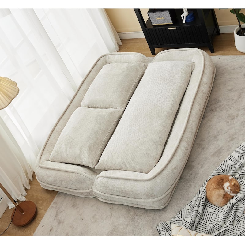 Pet Friendly Lazy Loveseat Sofa 2-in-1 Chenille Floor Couch Double Human Sleeper Bed with 5 Adjustable Position, Plump Pillows