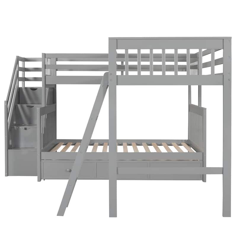 Twin over Full Size Solid Wood L-Shaped Bunk Bed With 3 Drawers, Ladder and Staircase