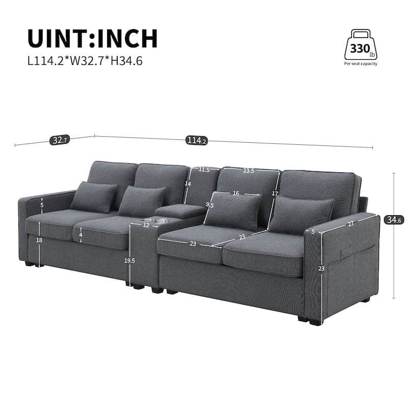 Modern 114.2 4-Seat Upholstered Sofa with Console, Cup Holders & USB Charging Ports, Dark Grey Linen Fabric