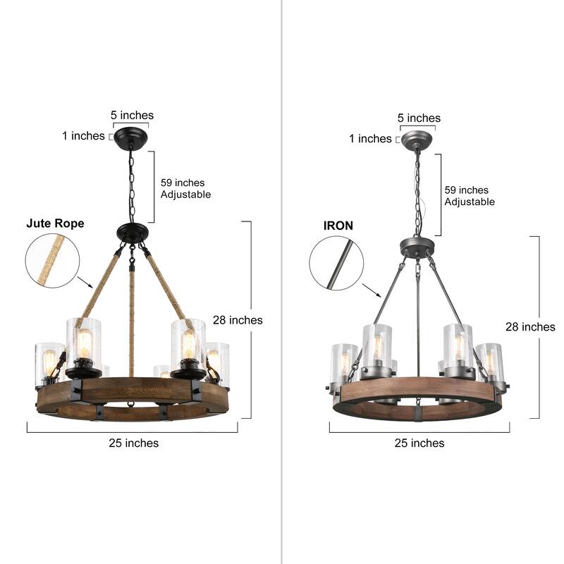 Carbon Loft Farmhouse 6-Light Wood Wheel Chandelier with Glass Shade for Dining Room