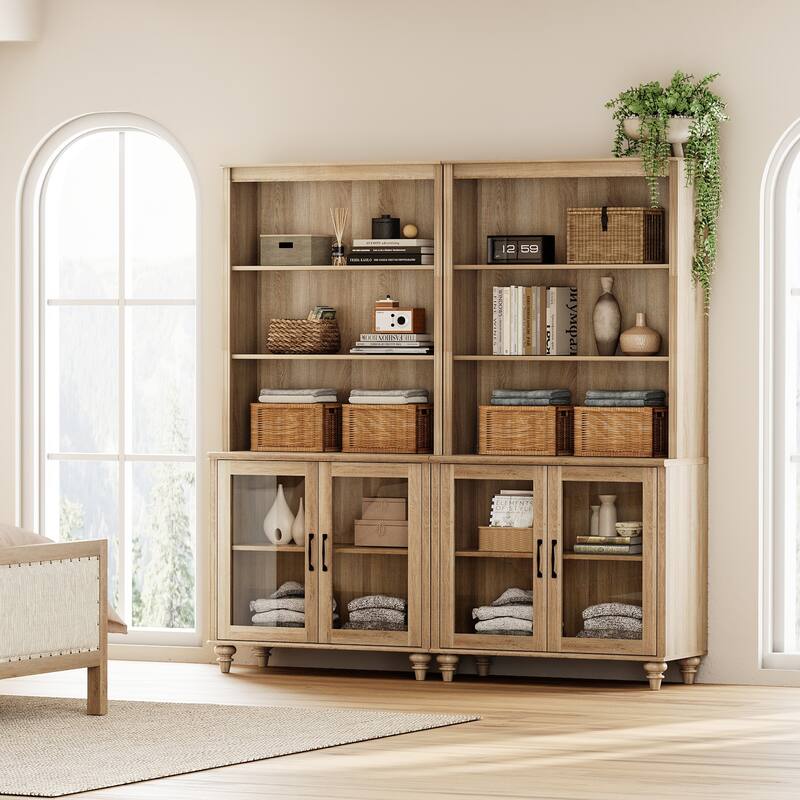 Oak Bookcase with Doors, Large Wood Farmhouse Book Case Shelf - 4 doors